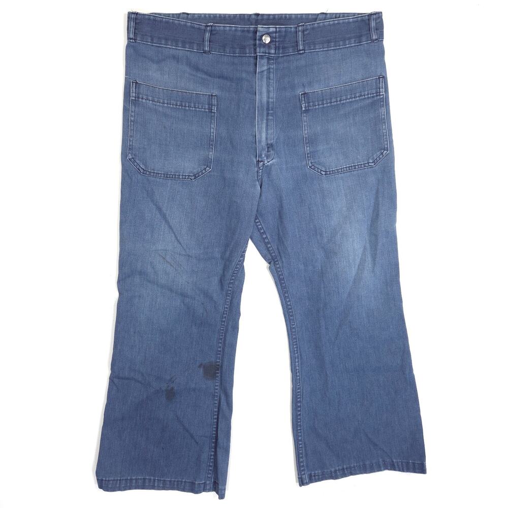 VTG 70s Seafarer Bell Bottom Jeans Mens 36x26 US Navy Flared Distressed Stained